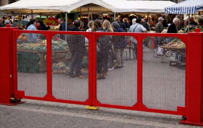 red security gate at a market